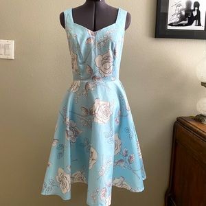 Blue floral swing skirt sun dress with pockets